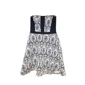 Francesca's Blue Rain‎ strapless dress w/navy blue and white damask print sz 1